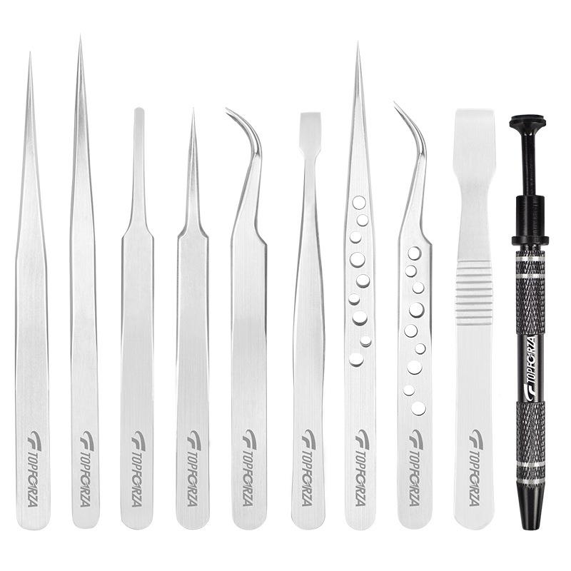 不锈钢子尖头弯头扁头头专业精密组镊子平撬片工具包镊套装1CNX0