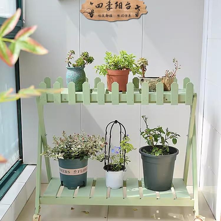 阳台花实木架双层985可移动落地式置物架户外庭院多盆带栅栏花架