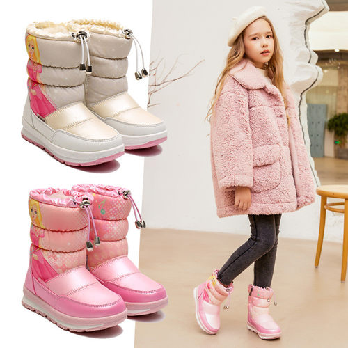 冬季女童大童加厚保暖中筒雪地靴厚羊毛防水公主风棉鞋