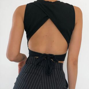 round lace 背心女 vest women露背系带圆领无袖 neck Backless