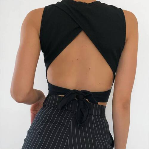 Backless lace up round neck vest women露背系带圆领无袖背心女