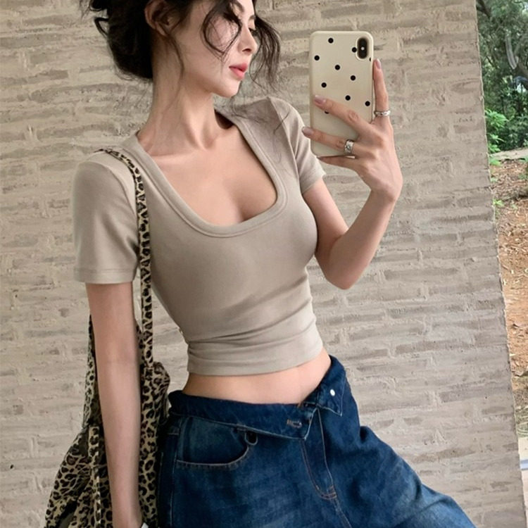 美式辣妹短袖t恤女夏季性感低U领修身显瘦小衫高腰露肚脐短款上衣