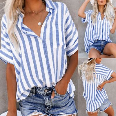Short sleeved striped shirt loose tops短袖条纹衬衫宽松上衣女