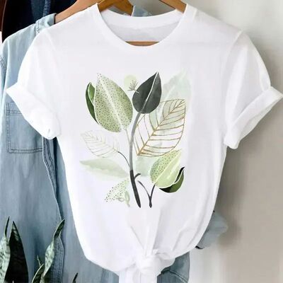植物印花V领短袖上衣女 Plant printed V-neck short sleeved top