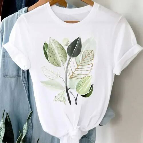 植物印花V领短袖上衣女 Plant printed V-neck short sleeved top