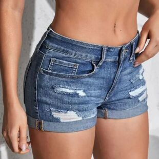 高腰修身破洞休闲短裤女显瘦High waisted slim fit ripped short