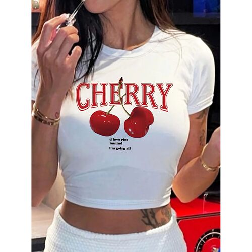 樱桃印花露脐短袖上衣女Cherry print cropped short sleeved top