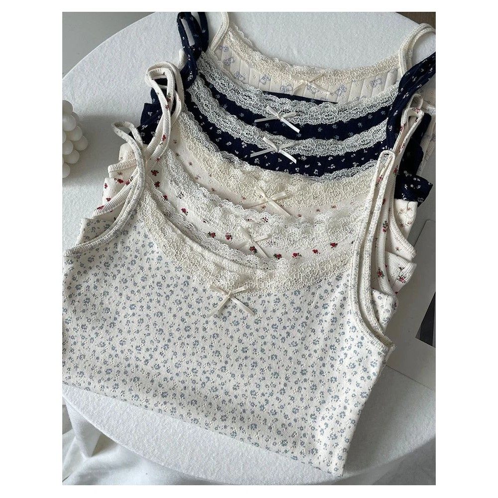 Floral lace patchwork bow suspender 碎花蕾丝拼接蝴蝶结吊带女