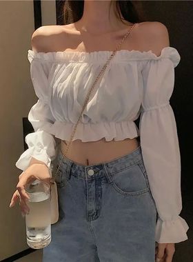 High waisted crop top bubble sleeve T-shirt高腰露脐泡泡袖T恤