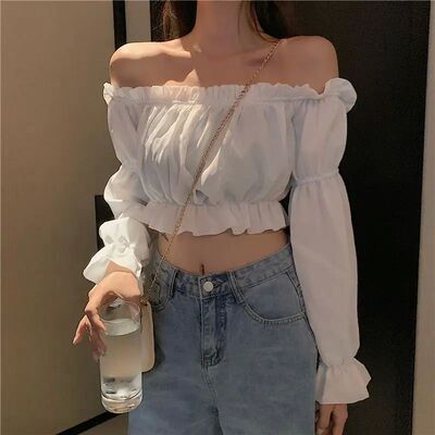 High waisted crop top bubble sleeve T-shirt高腰露脐泡泡袖T恤