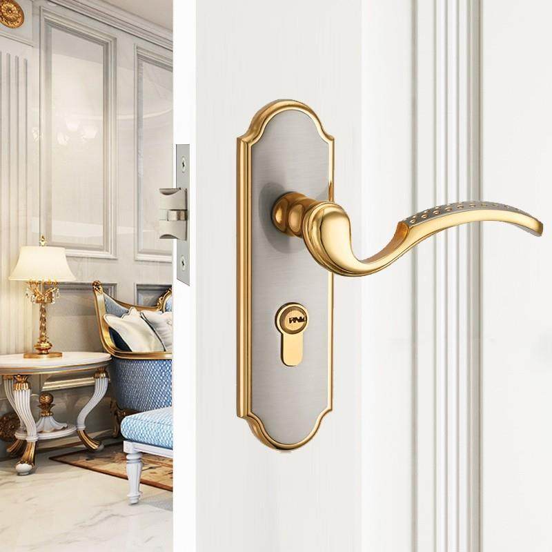 色锌卧室门锁家用木门通用室内把手门带钥匙金合金面板孔距F140