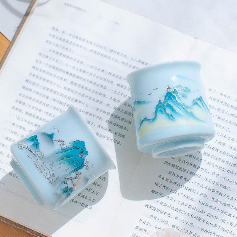 个国潮水帝王杯-影墨风青人主人单杯祇青绿江山喝茶碗大号青瓷品图片