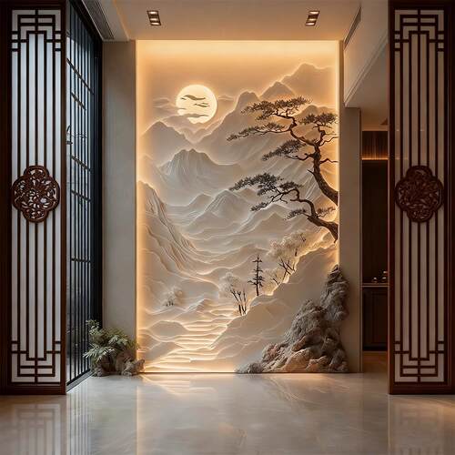 别墅司前台立浮雕3D体碳晶板视背景墙电客厅玄关竹木IJR公纤维护