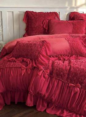 端玫瑰立体牛奶绒四件绒套酒红色冬季雪纺被套TME毛床单结高花婚