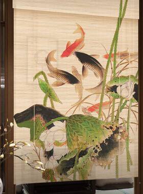 招财九YUX鱼图花竹帘卷帘窗帘免打孔关屏风隔玄断窗竹子遮帘阳窗