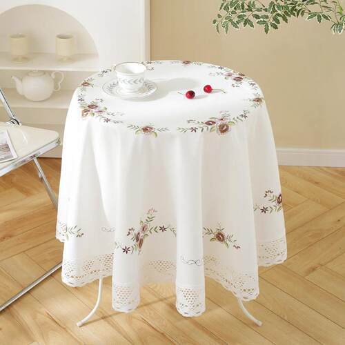 唯米5154简约百搭色棉纱白刺绣餐IBR桌布艺圆蕾形桌布家用布丝台