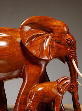 花梨厅木雕艺大象摆件实木质雕刻视子母象家居客GG216电柜装饰红