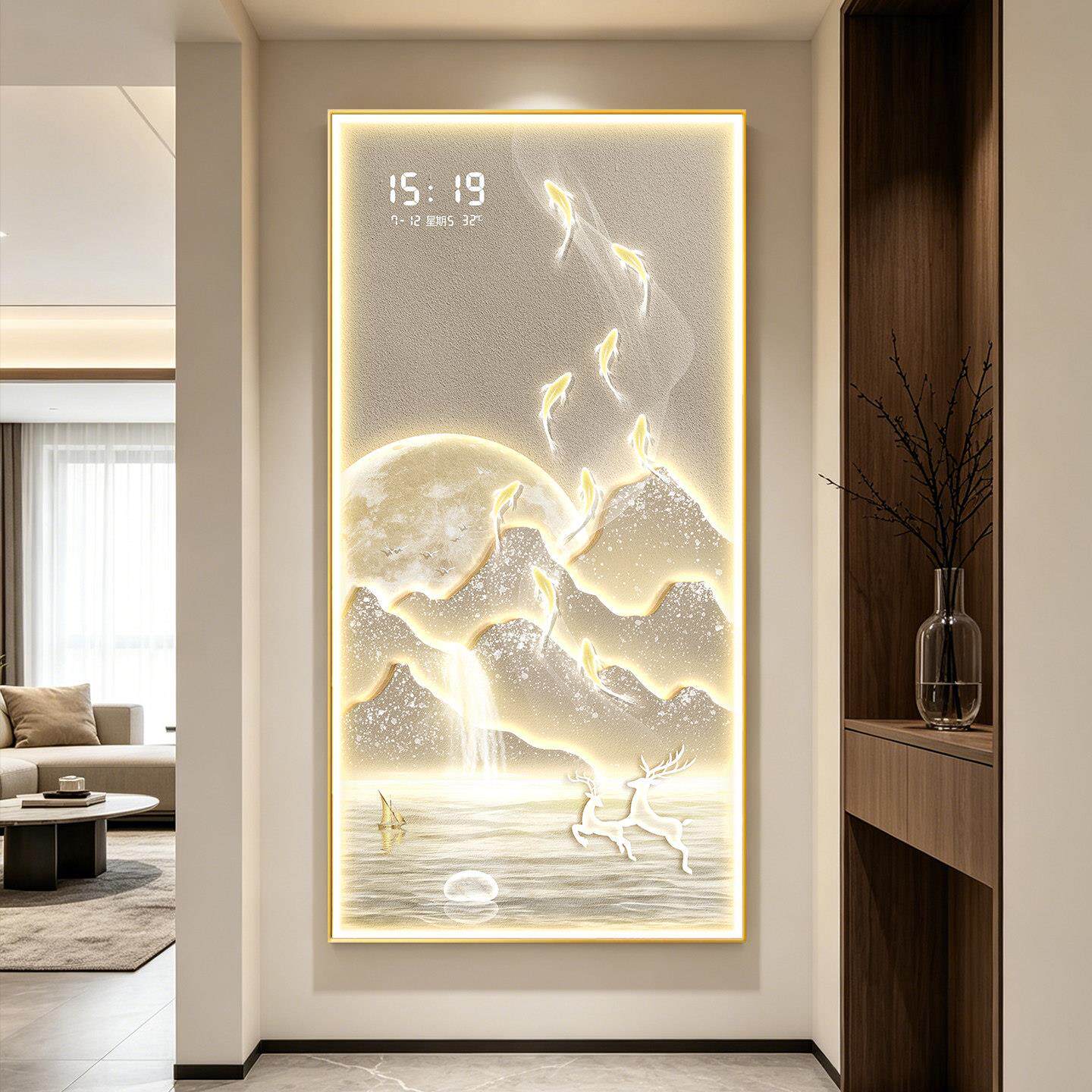 鱼壁图玄过关装饰画山水画入挂户走廊道DY2030画现代轻奢高级感灯