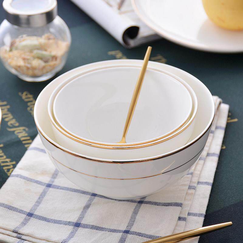 碗个装 唐山骨瓷餐具寸金边奥碗金6边碗5英米饭碗家用陶瓷碗白瓷6