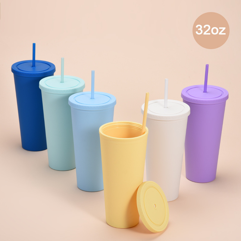 2025新款32OZ大容量双层塑料杯糖果色带盖可定LOGO随手杯AS吸管杯