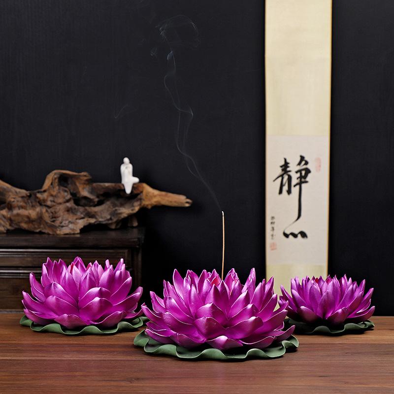陶瓷纯手工捏花线香香插摆件紫色红色帝王莲花客厅室内玄关装饰品