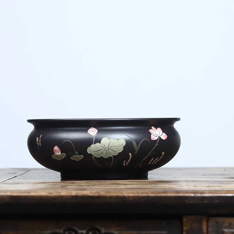 宜兴精品紫砂花盆黑泥荷花碗莲水仙铜钱草水培植物桌面景观鱼缸盆