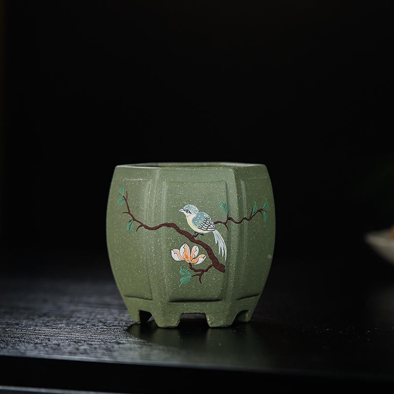 精品绿泥紫砂兰花盆手工六方凹面春兰翠盖荷绿云建兰中国风透气