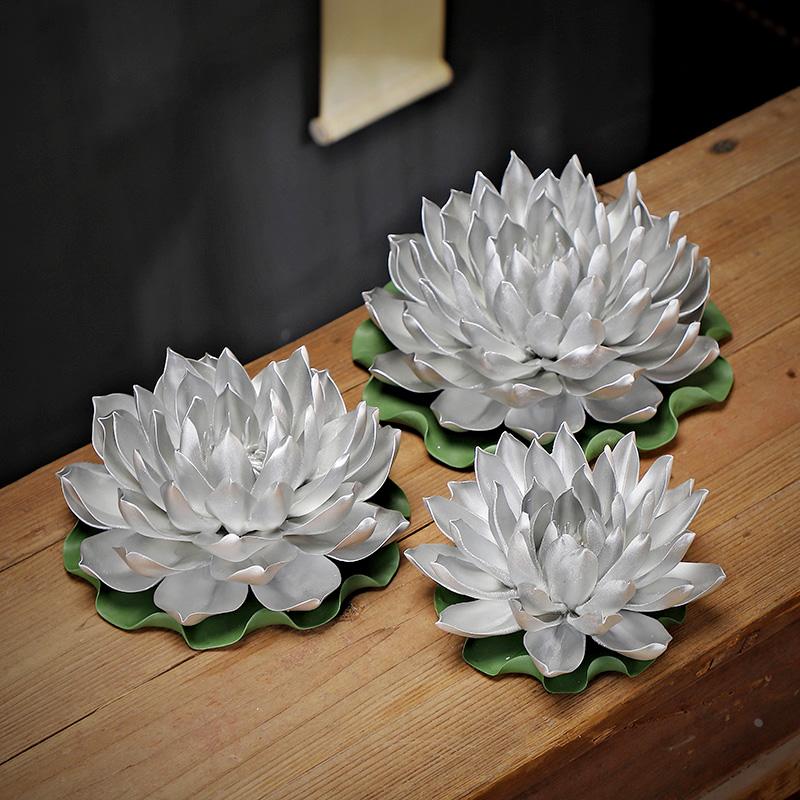 陶瓷银色莲花香插摆件传统手工工艺品中式禅意供佛客厅会所装饰品