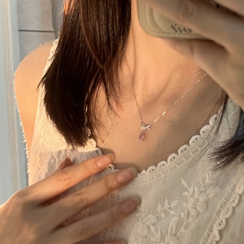 S925纯银项链水滴蝴蝶结锁骨链