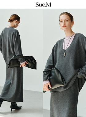 Sue.M ROW风纸片人灰色针织套装25秋冬进口羊毛落肩毛衣a字半裙女