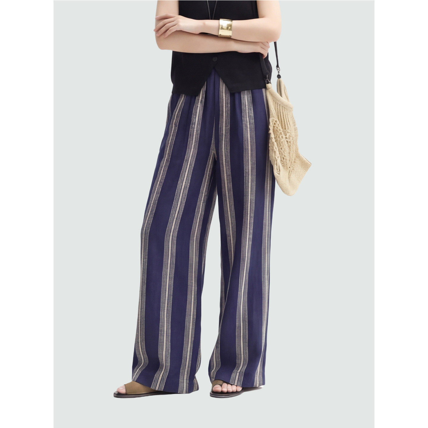 Sue.M 老钱风提花条纹亚麻直筒裤26春腰头三角针松紧腰松弛感裤子,女装/女士精品,休闲裤,淘宝优惠券,粉丝福利购,淘宝优惠卷