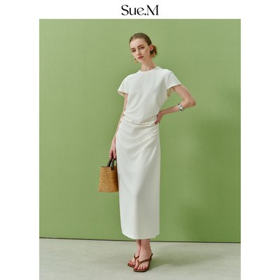 Sue.M ROW风收腰褶皱显瘦连衣裙女立体感织法挺括通勤长款裙子女