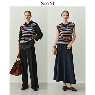 Sue.M 精纺羊毛撞色圆领毛针织背心毛衣 重工提花费尔岛马甲25冬季