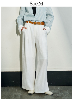 Sue.M 欧洲进口100%亚麻西裤女老钱风白色阔腿裤宽松直筒休闲长裤
