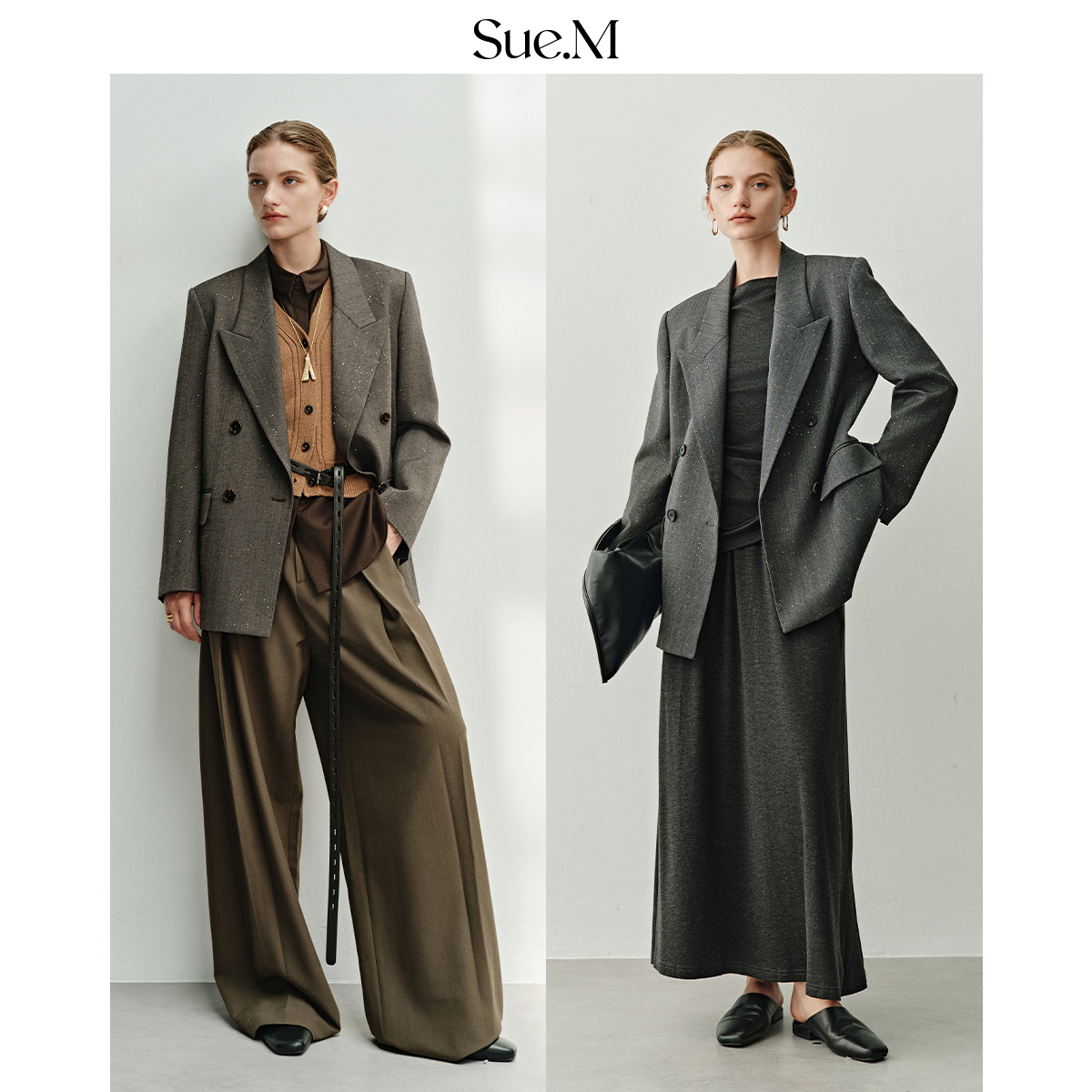 Sue.M BC亮片枪驳领西装25秋 高端精纺羊毛亚麻宽松通勤正肩西服