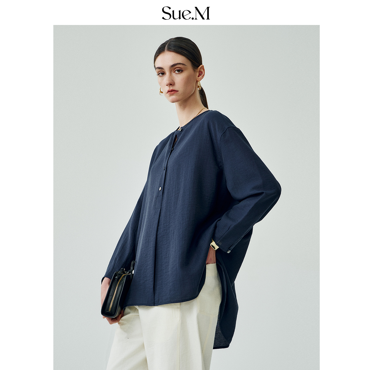 Sue.M ROW风无领衬衫 2025夏新款打底微皱内搭气质叠穿长袖衬衣女