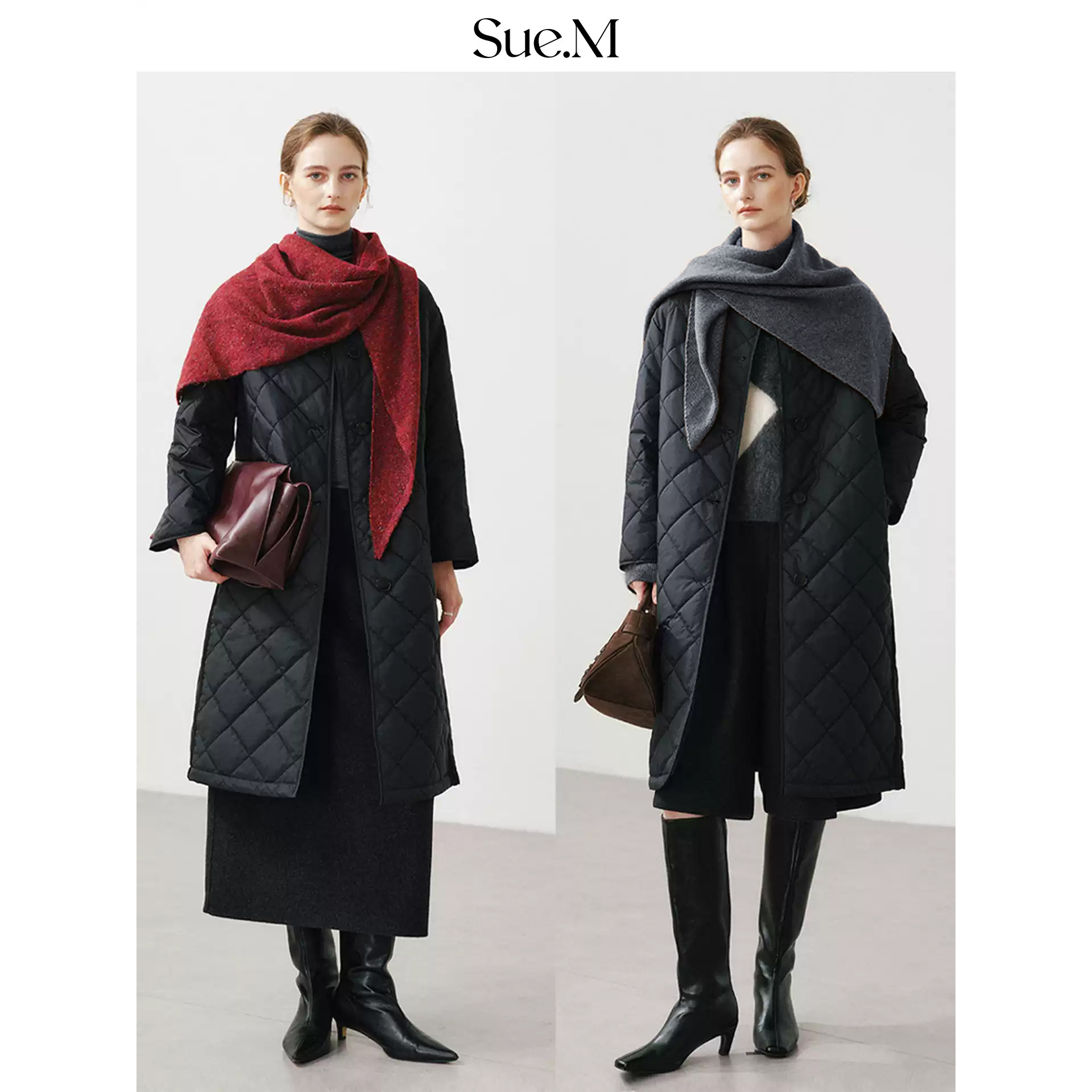 Sue.M超柔软50D菱形格长款圆领3M新雪丽绗缝黑色棉服25冬保暖外套