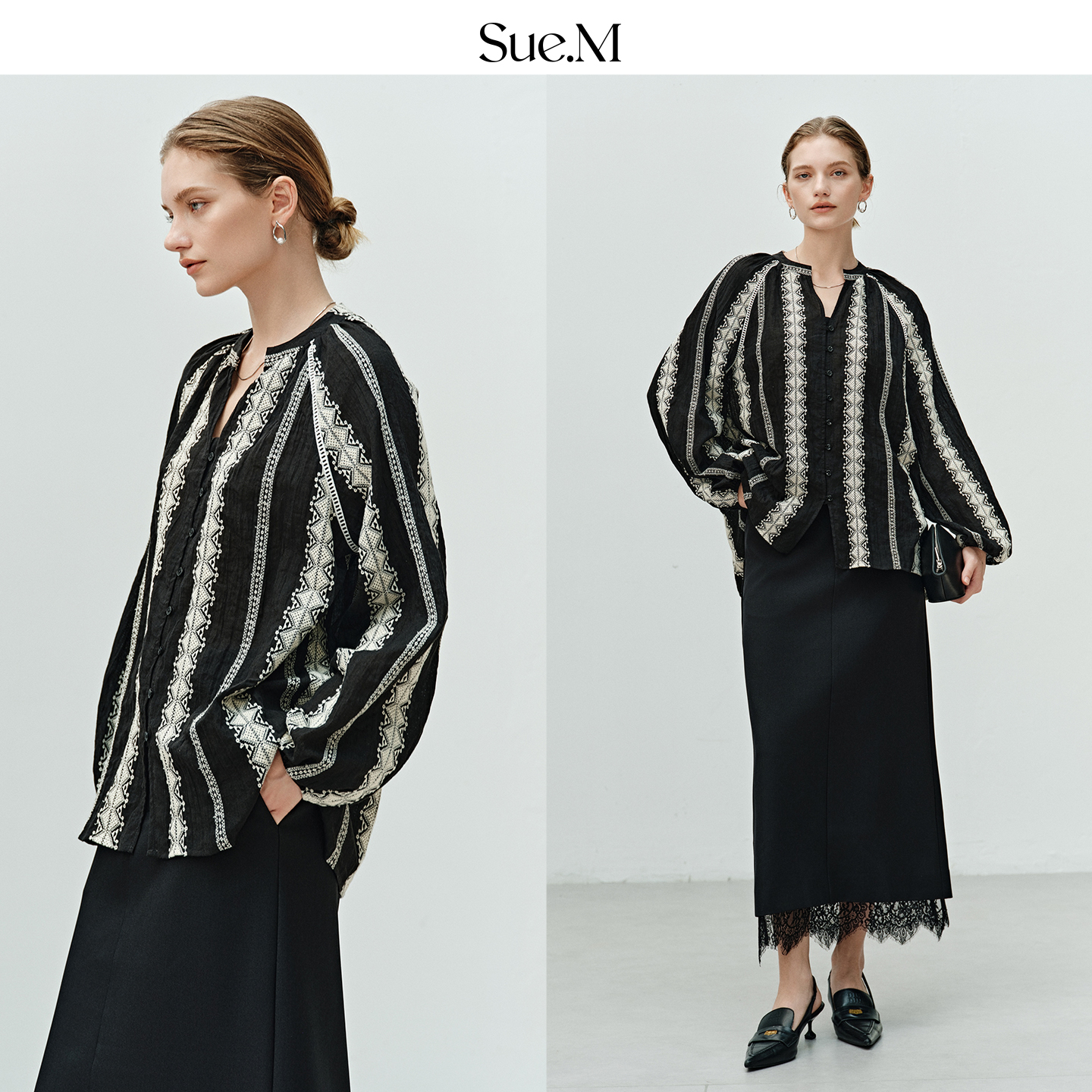 Sue.M 重工条纹刺绣宽松灯笼袖衬衫25秋插肩袖ju显瘦松弛感衬衣女