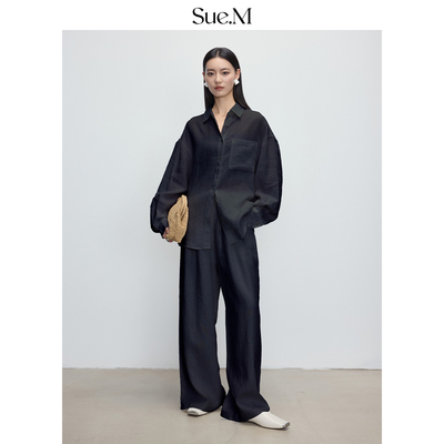 Sue.M进口100%亚麻松弛高级感黑色宽松衬衫/长裤/半身裙/短款套装