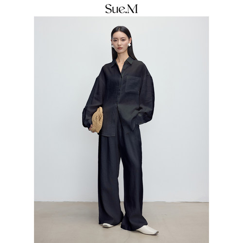 Sue.M进口100%亚麻松弛高级感黑色宽松衬衫/长裤/半身裙/短款套装