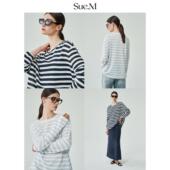 Sue.M 显瘦t恤上衣女士 夏季 和纸纱条纹圆领T恤宽松休闲长袖 针织衫