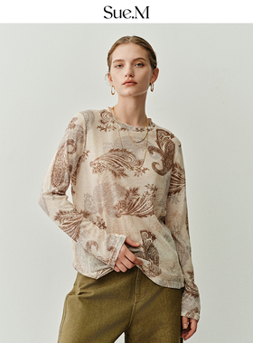 Sue.M 天丝羊毛腰果花长袖T恤25秋 复古H版型JU好穿印花打底t恤衫