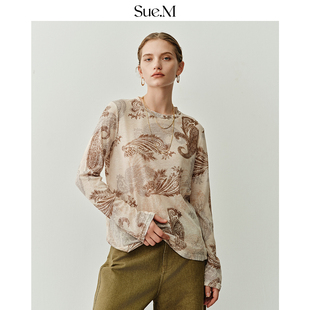 型JU好穿印花打底t恤衫 Sue.M 复古H版 T恤25秋 天丝羊毛腰果花长袖