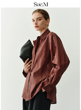 Sue.M 重工BC珠片绣花条纹衬衫女25秋宽松松弛感时髦光泽垂感衬衣