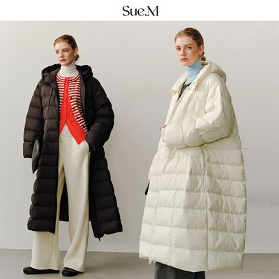 Sue.M 进口95白鹅绒超轻大裙摆连帽长款羽绒服25冬纸片人鹅绒服女