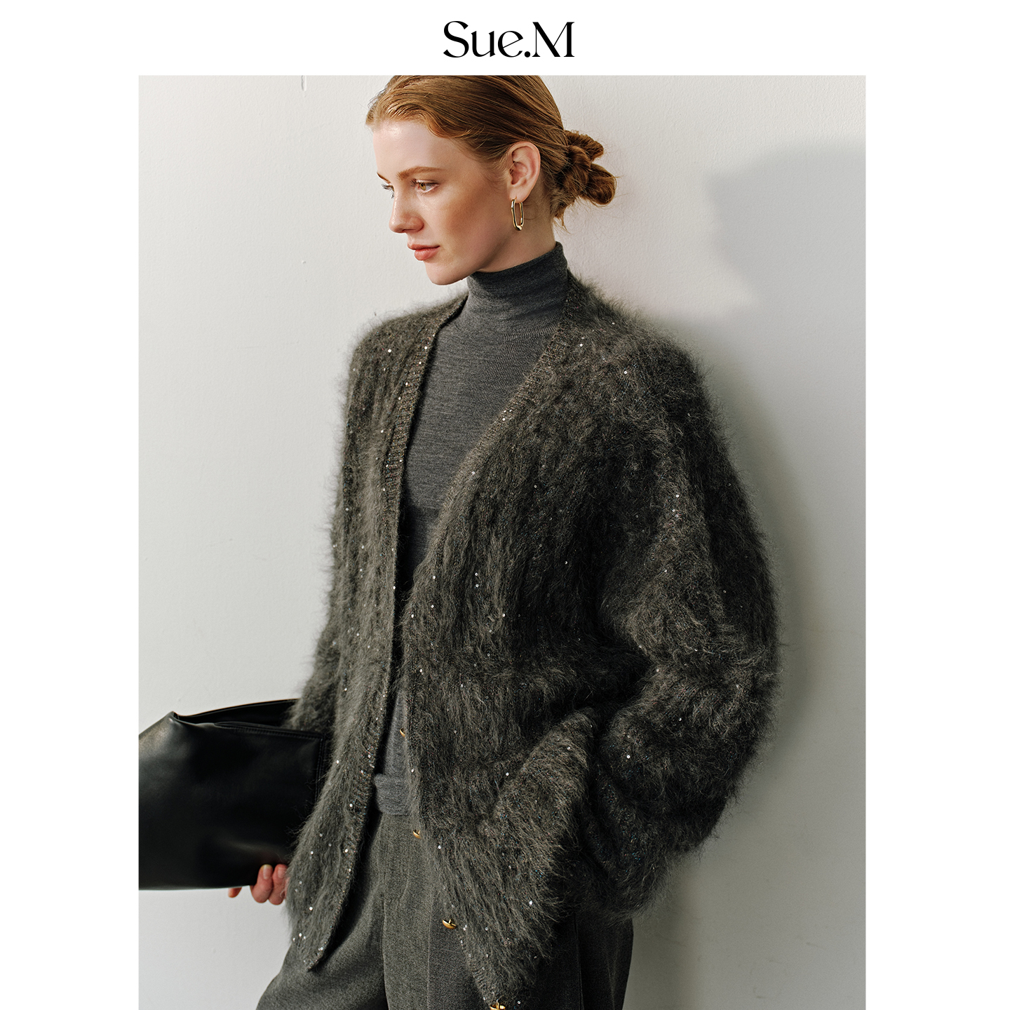 Sue.M 重工彩砂亮片拉毛开衫女25秋冬新款100%羊毛软糯N领针织衫