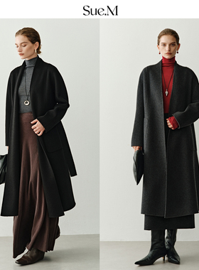 Sue.M 甄选澳洲18.5um羊毛大衣25秋冬软糯手感系腰带黑色长款大衣