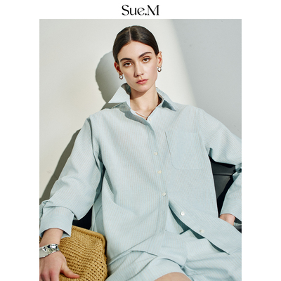 Sue.M 色织亚麻条纹衬衫女士撞色宽松慵懒长袖通勤衬衣翻领上衣女