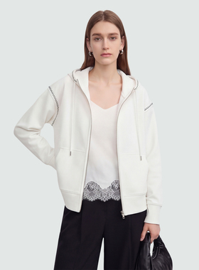 Sue.M 精致刺绣拉链连帽卫衣宽松26春设计师交叉缝线工艺帽衫女士