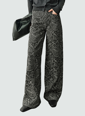 Sue.M 腰果花提花直筒休闲裤女26春新款色织印花显瘦时尚阔腿裤子